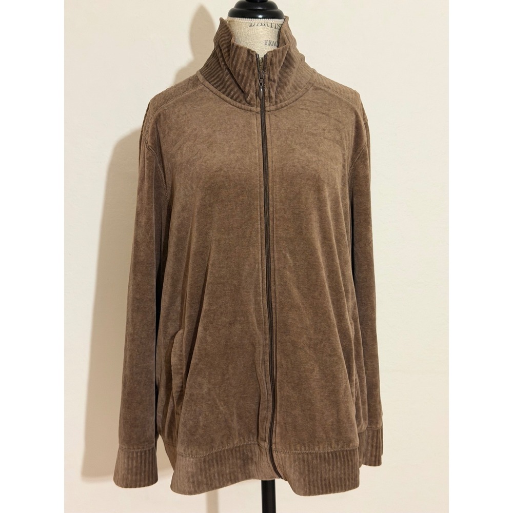 Women 2X Brown Velour Full Zip Track Jacket Mock Neck Brown Bear Plush
